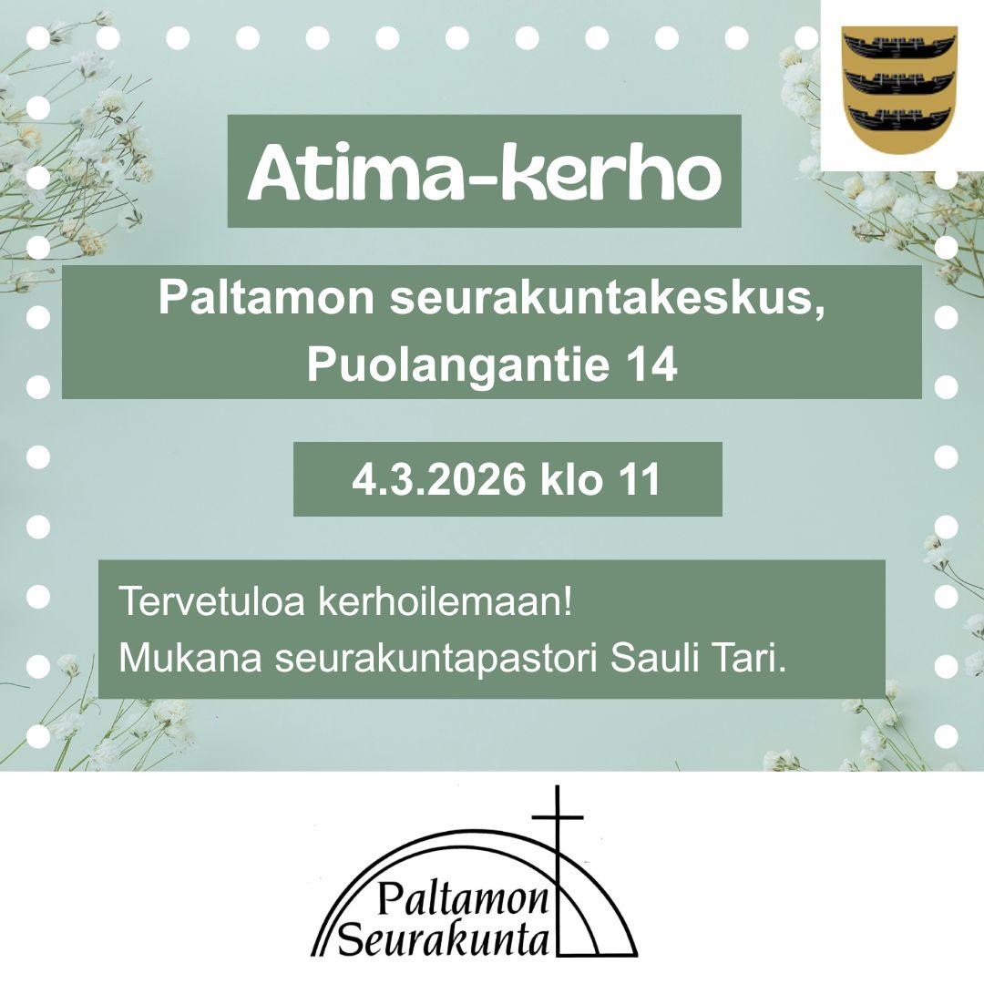 Taustalla keväisiä kukkia, kehyksenä valkoisia palloja. Keskellä vihreällä pohjalla kerhon infot. Oikeassa yläkulmassa Paltamon vaakuna ja keskellä alareunassa Paltamon seurakunnan logo.